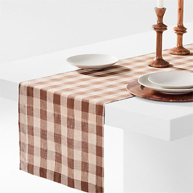 View Marin 120" Brown and Natural Buffalo Check EUROPEAN FLAX ™-Certified Linen Runner details