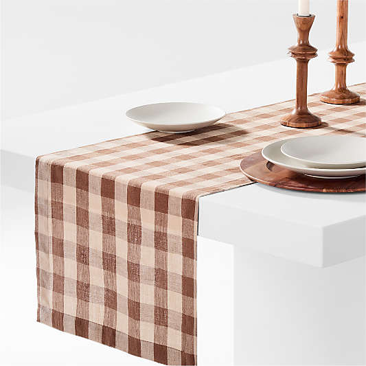 Marin 120" Brown and Natural Buffalo Check EUROPEAN FLAX ™-Certified Linen Runner