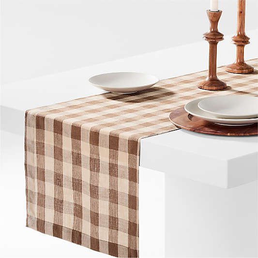 Marin 120" Brown and Natural Buffalo Check European Certified Linen Table Runner