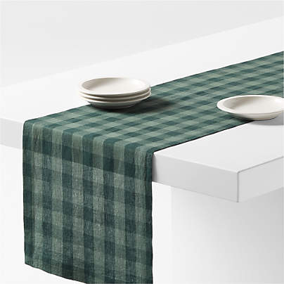 Marin 90" Spruce Green Buffalo Check EUROPEAN FLAX -Certified Linen Table Runner