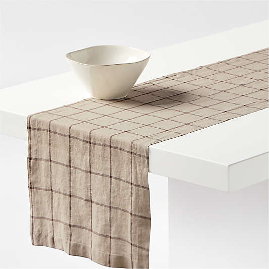 Marin 120" Natural and Earth Brown European Linen Windowpane Plaid Table Runner