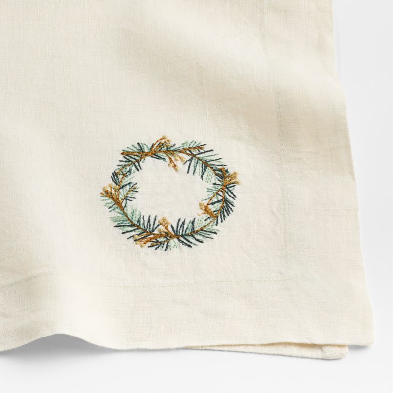 Marin Alba Ivory Embroidered Wreath EUROPEAN FLAX ™-Certified Linen Dinner Napkin - image 4 of 6