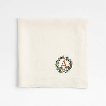 Marin Alba Ivory Embroidered Wreath EUROPEAN FLAX ™-Certified Linen Dinner Napkin