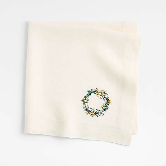 Marin Alba Ivory Embroidered Wreath EUROPEAN FLAX ™-Certified Linen Dinner Napkin