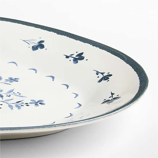 Marin Botanical White and Blue Stoneware Oval Salad Platter