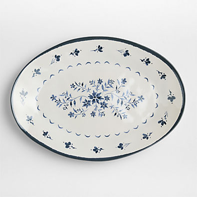 View Marin Botanical White and Blue Stoneware Oval Salad Platter details