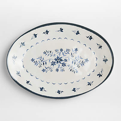 Marin Botanical White and Blue Stoneware Oval Salad Platter