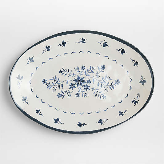 Marin Botanical White and Blue Stoneware Oval Salad Platter
