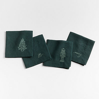 View Marin Spruce Green Embroidered Christmas Cocktail Napkins, Set of 4 details
