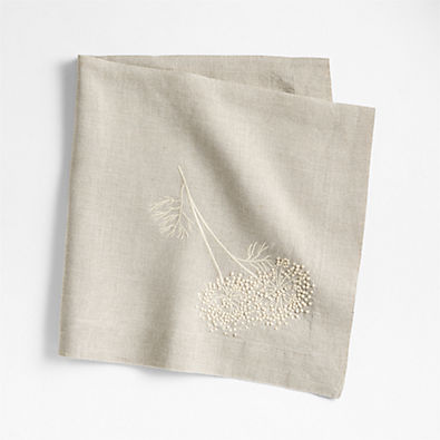 View Marin Embroidered Dill Flower Warm Natural EUROPEAN FLAX ™-Certified Linen Dinner Napkin details