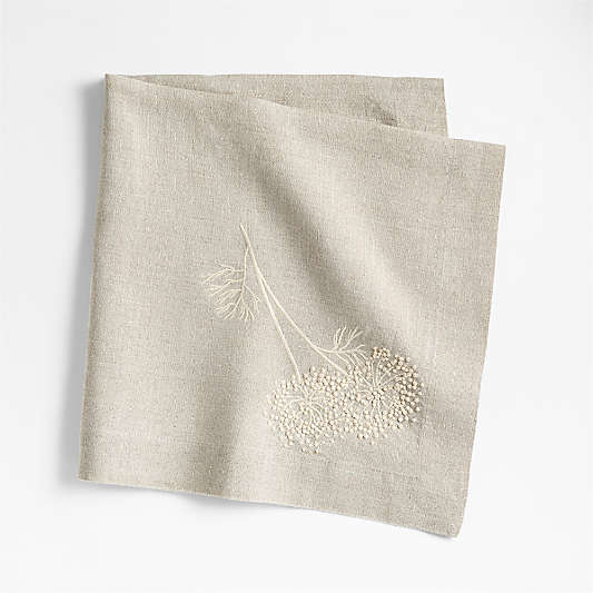 Marin Embroidered Dill Flower Warm Natural EUROPEAN FLAX ™-Certified Linen Dinner Napkin