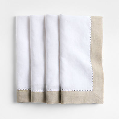 View Marin Natural and Cream European Linen Napkins with Hemstitch, Set of 4 details