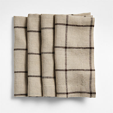 View Marin Natural and Earth Brown European Linen Windowpane Plaid Napkins, Set of 4 details