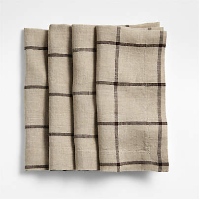 Marin Natural and Earth Brown EUROPEAN FLAX ™-Certified Line Windowpane Plaid Napkins, Set of 4