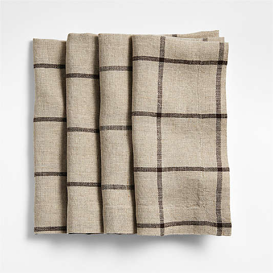 Marin Natural and Earth Brown European Linen Windowpane Plaid Napkins, Set of 4