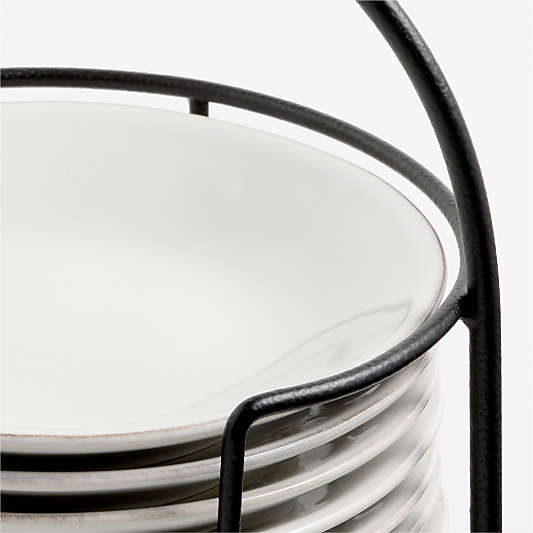 Marin White Round Stoneware Appetizer Plates with Black Stand, Set of 10