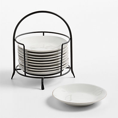View Marin White Round Stoneware Appetizer Plates with Black Stand, Set of 10 details