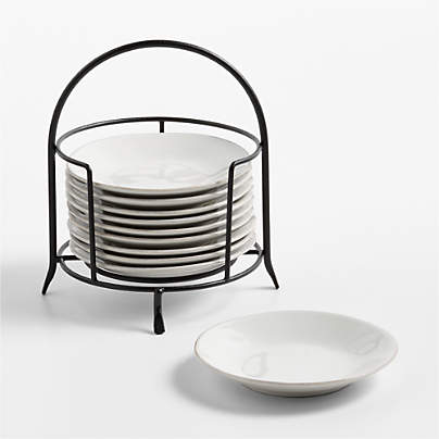 Marin White Round Stoneware Appetizer Plates with Black Stand, Set of 10
