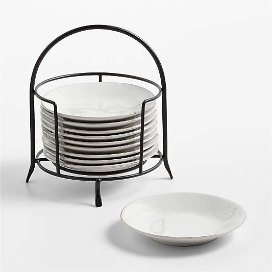 Marin White Round Stoneware Appetizer Plates with Black Stand, Set of 10