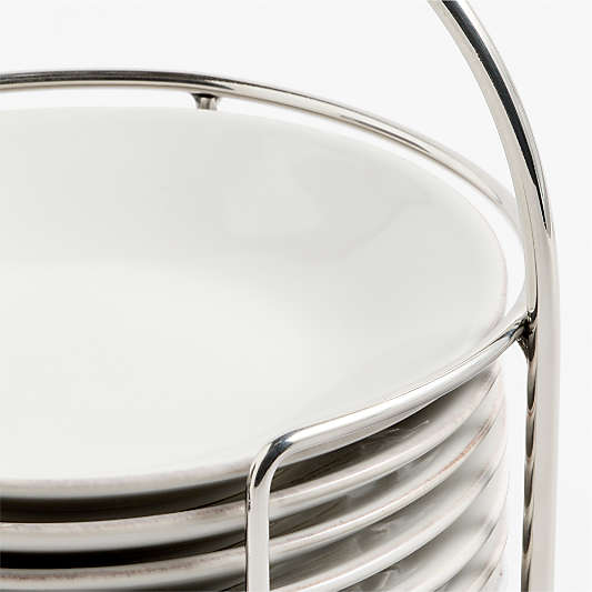 Marin White Round Stoneware Appetizer Plates with Stainless Steel Stand, Set of 10