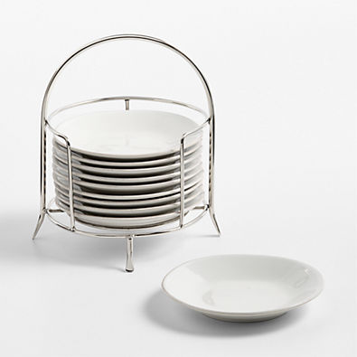 View Marin White Round Stoneware Appetizer Plates with Stainless Steel Stand, Set of 10 details