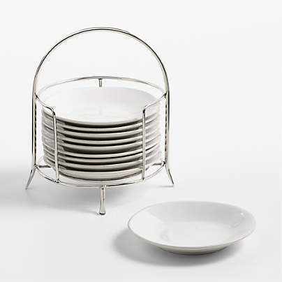 Marin White Round Stoneware Appetizer Plates with Stainless Steel Stand, Set of 10