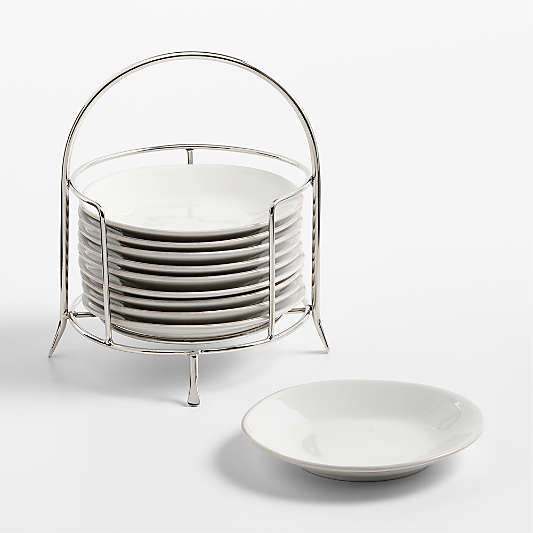 Marin White Round Stoneware Appetizer Plates with Stainless Steel Stand, Set of 10