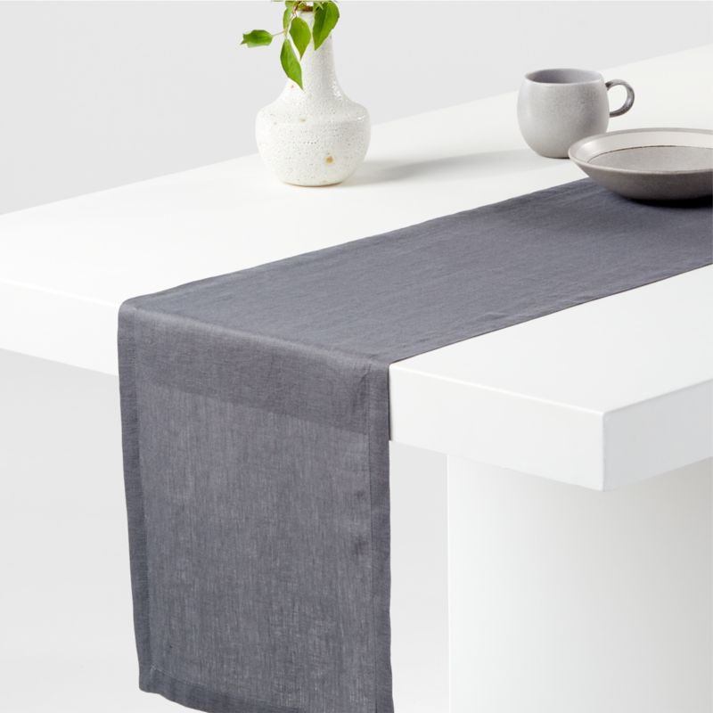 Marin 90-Inch Storm Grey Linen Table Runner + Reviews | Crate & Barrel