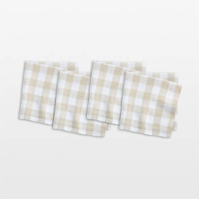 Marin White and Natural Buffalo Check EUROPEAN FLAX®-Certified Linen Dinner Napkins, Set of 4