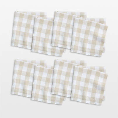 Marin White and Natural Buffalo Check EUROPEAN FLAX®-Certified Linen Dinner Napkins, Set of 8