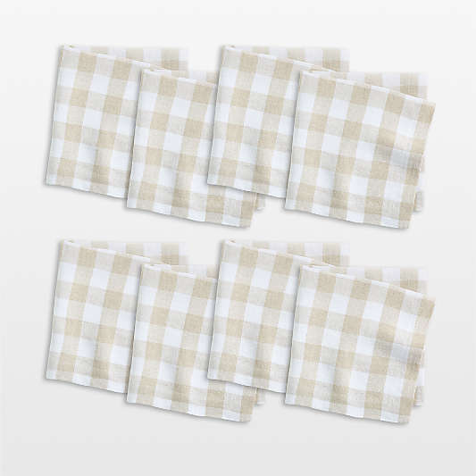 Marin White and Natural Buffalo Check EUROPEAN FLAX®-Certified Linen Dinner Napkins, Set of 8