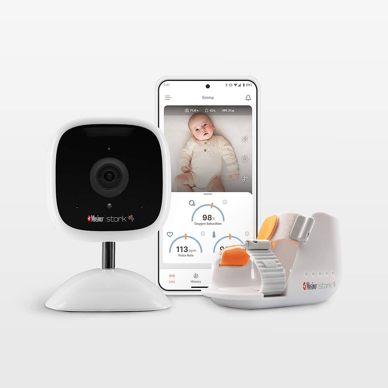 Masimo Stork Vitals + White Smart Home Night Vision Baby Monitor with TwoWay Audio and Boot