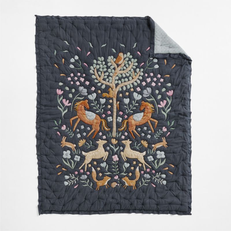 Midnight Wonderland Prairie Embroidered 100% Organic Cotton Voile Kids Twin Quilt - image 2 of 6