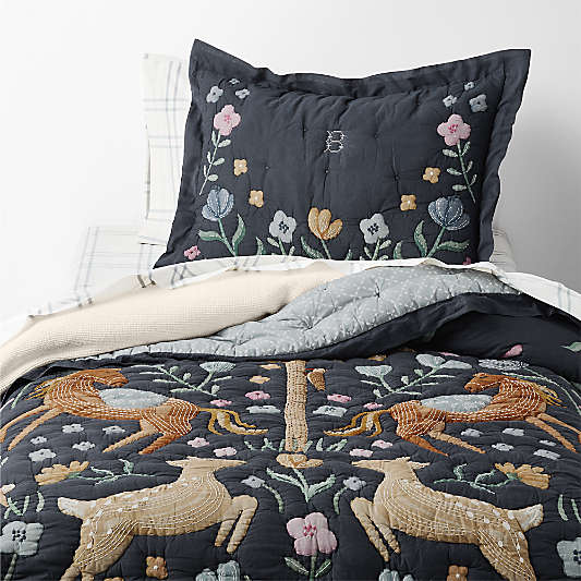 Midnight Wonderland Prairie Embroidered Organic Cotton Voile Kids Quilt Bedding Set