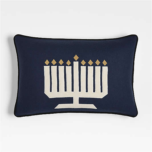 Menorah 22"x15" Deep Indigo Blue Multi Throw Pillow Cover by Joan Anderson