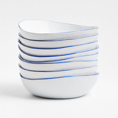 View Mercer Blue Rim Porcelain Low Bowls, Set of 8 details