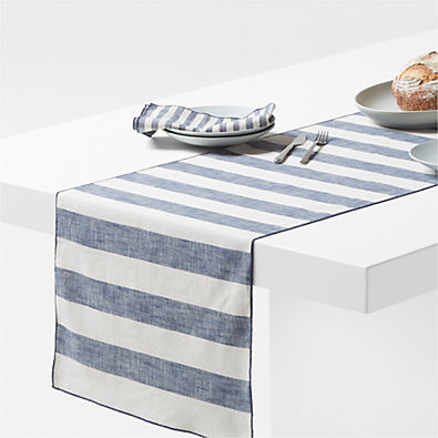 View Merrow Stitch 120" Navy Blue Organic Cotton Stripe Runner details