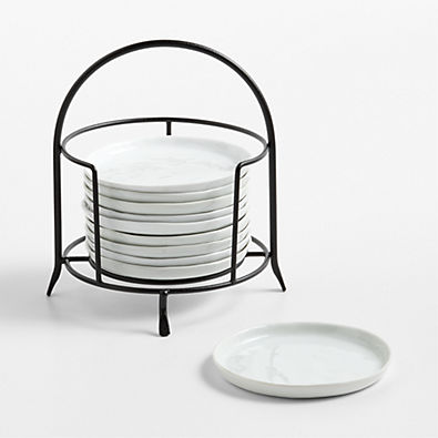 View Mercer White Round Porcelain Appetizer Plates with Black Stand, Set of 10 details