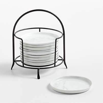 Mercer White Round Porcelain Appetizer Plates with Black Stand, Set of 10