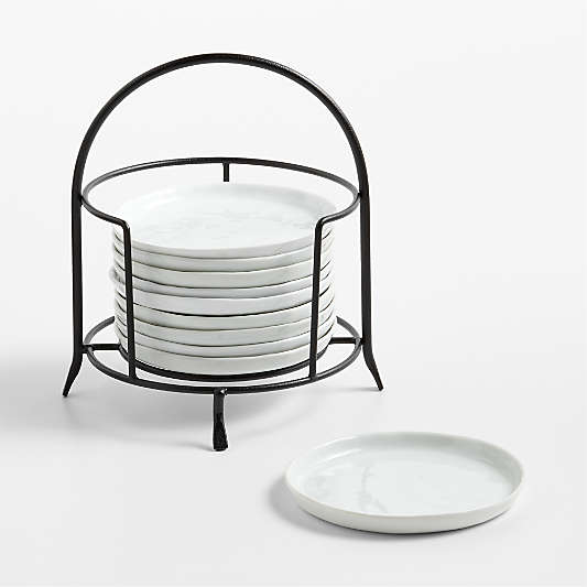 Mercer White Round Porcelain Appetizer Plates with Black Stand, Set of 10