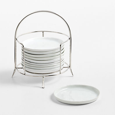View Mercer White Round Porcelain Appetizer Plates with Stainless Steel Stand, Set of 10 details