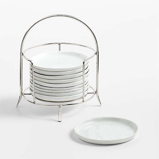 Mercer White Round Porcelain Appetizer Plates with Stainless Steel Stand, Set of 10
