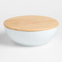 Merge Porcelain Serving Bowl with Wood Lid + Reviews | Crate & Barrel