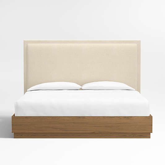 Meraux 56" Ivory Upholstered King Headboard with Batten Brown Oak Bed Base