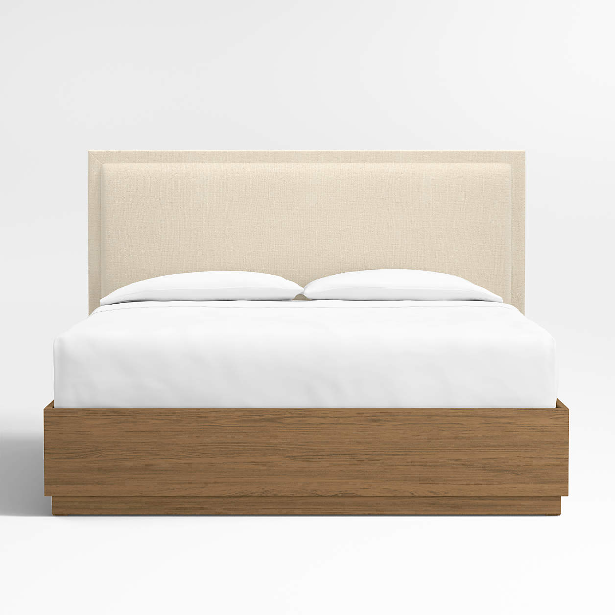 Meraux 56" Boucle Ivory Upholstered King Headboard with Batten Brown Oak Storage Bed Base