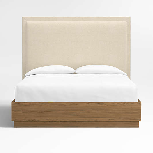 Meraux 56" Ivory Upholstered Queen Headboard with Batten Brown Oak Bed Base