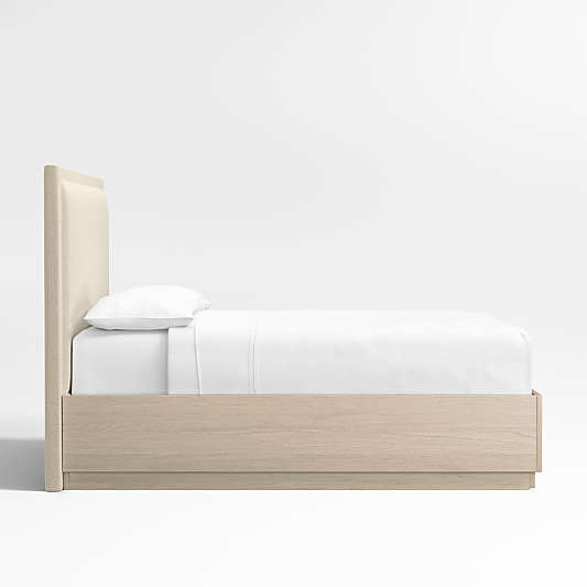 Meraux 56" Ivory Upholstered Queen Headboard with Batten White Oak Storage Bed Base