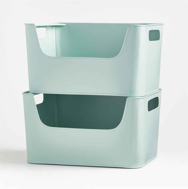 Small Mint Green Metal Stacking Storage Bin with Handles - image 9 of 14