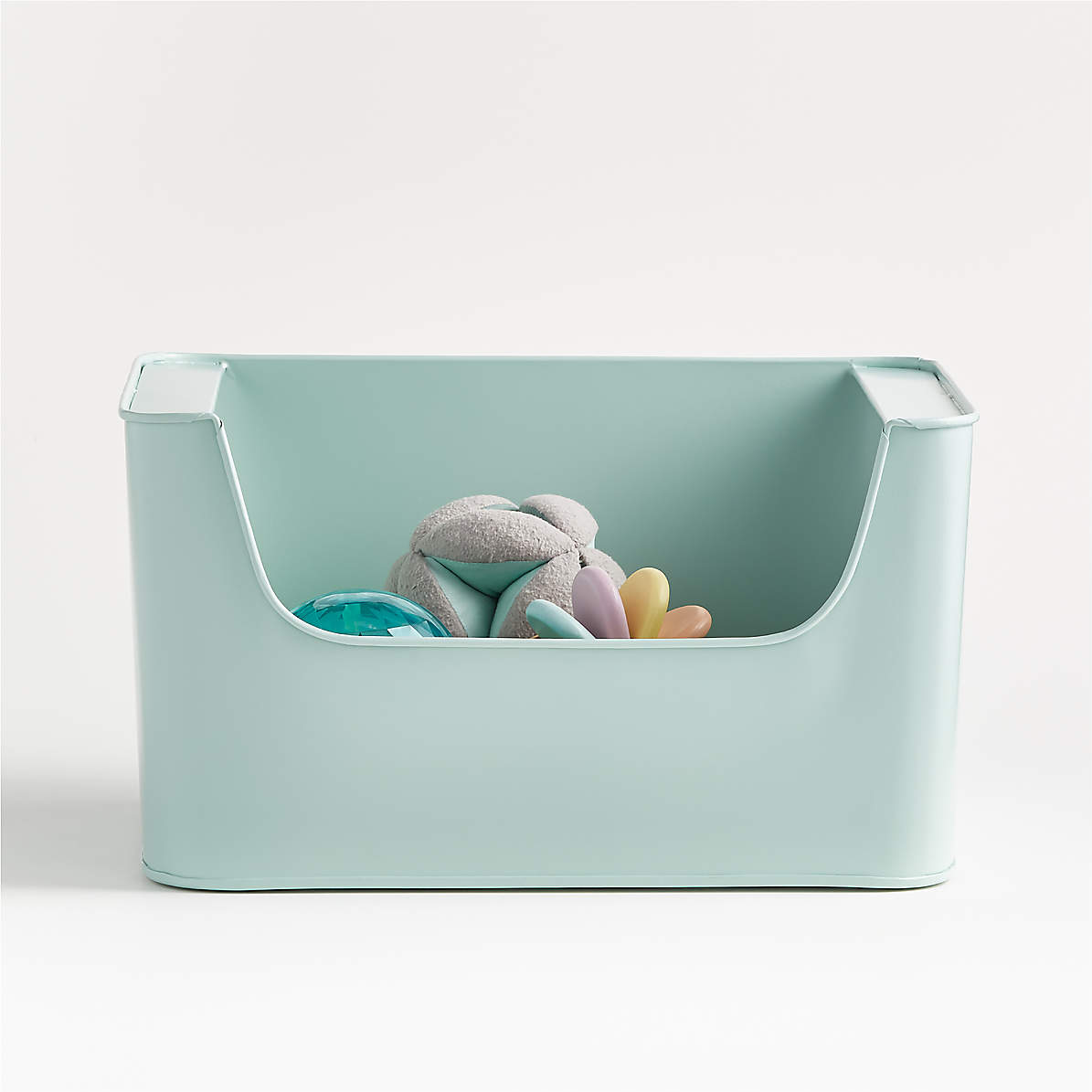 Small Mint Green Metal Kids Stacking Storage Bin with Handles