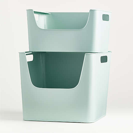 Small Mint Green Metal Stacking Storage Bin with Handles